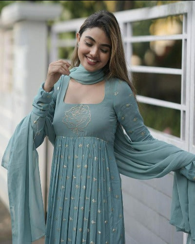 Powder Blue Georgette Embroidered Anarkali Gown With Dupatta 