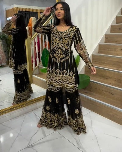Black Georgette Gold Embellished Sharara Suit Set