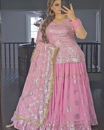 Baby Pink Georgette Sequence Work Stitched Lehenga Choli Set