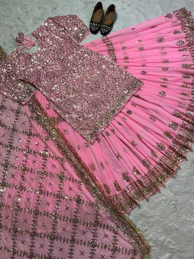 Baby Pink Georgette Sequence Work Stitched Lehenga Choli Set