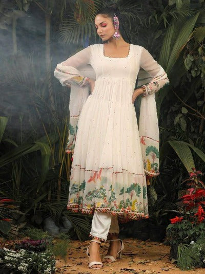 White Georgette Boho Print Anarkali Suit Set