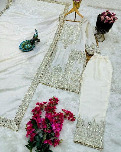 Pearl White Chinon Silk Designer Straight Suit Set
