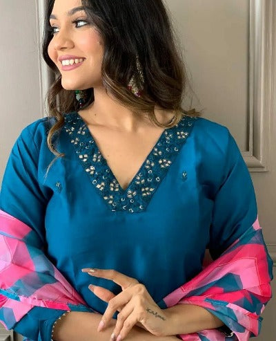 Teal Blue Salwar Suit With Organza Dupatta