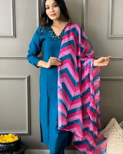 Teal Blue Salwar Suit With Organza Dupatta