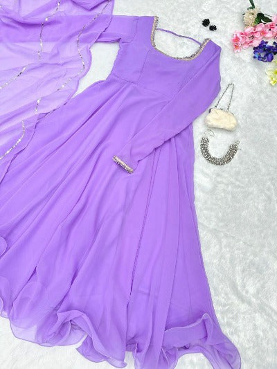 Lavender Pure Georgette Flair Anarkali Gown With Dupatta 