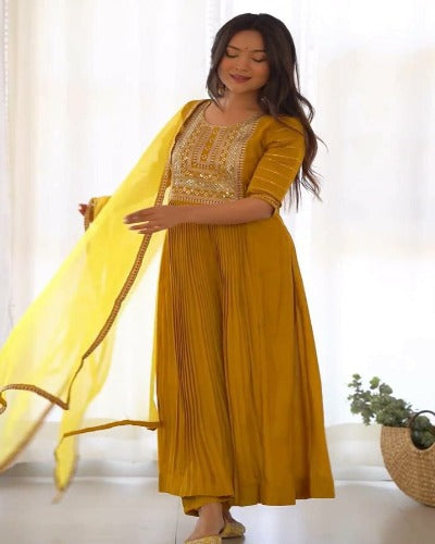 Mustard Yellow Georgette Embroidery Sequence  Anarkali Suit Set