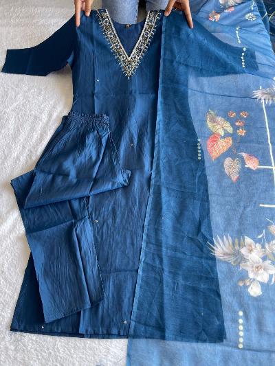 Indigo Blue Roman Silk Salwar Suit Jacquard Dupatta