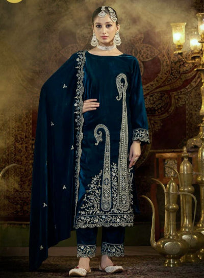 Peacock Blue Glamorous Velvet Embroidery Salwar Suit Set