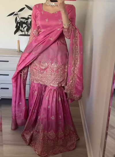 Stunning Rosy Pink Embroidered Georgette Sharara Set