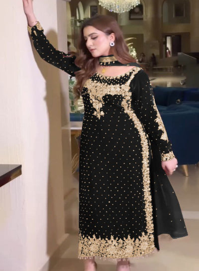 Black Partywear Velvet Designer Salwar Suit Set