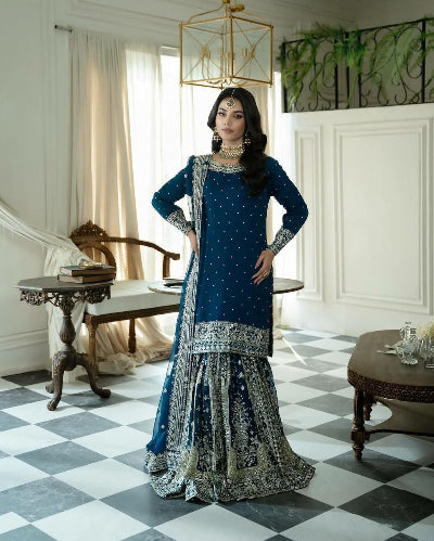 Teal Blue Georgette Gharara Suit with Rivet Moti and Sequins Work