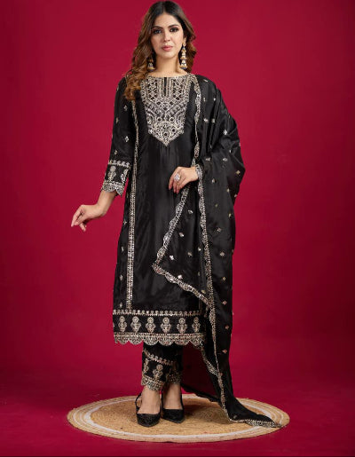 Black Real Mirror Khatli Work Salwar Suit Set