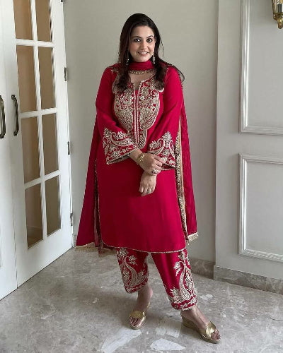 Radiant Red Chinnon Silk Embroidered Suit Set