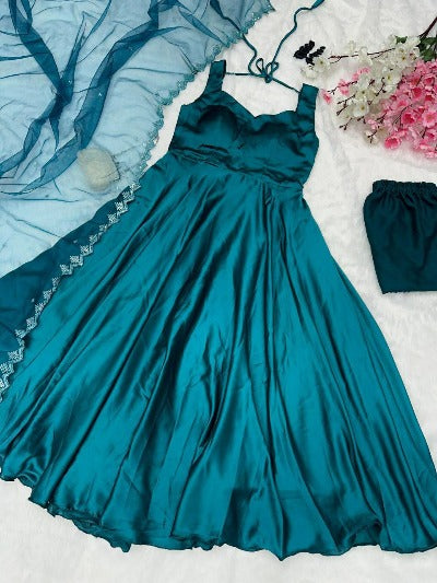 Turquoise Blue Satin Flair Anarkali Suit Set