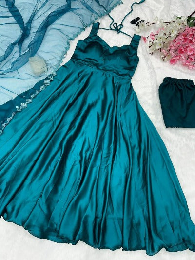 Turquoise Blue Satin Flair Anarkali Suit Set