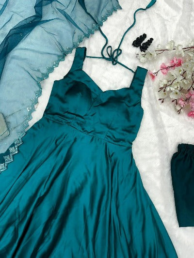 Turquoise Blue Satin Flair Anarkali Suit Set