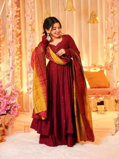 Maroon Chinon Silk Flair Anarkali Suit Set