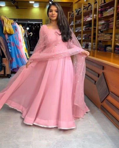 Baby Pink Georgette Anarkali Gown With Dupatta Set 0f 2