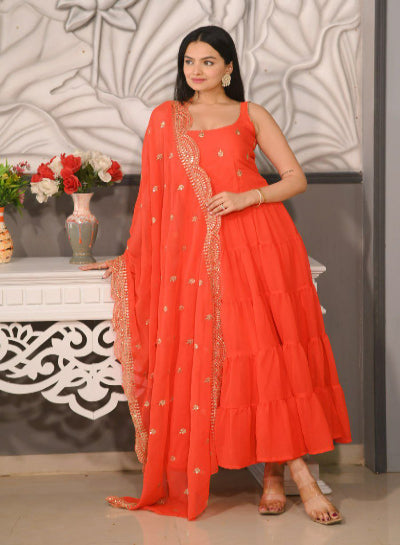 Orange Georgette Layered Beautiful Anarkali Suit Set