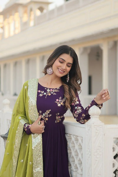 Purple Georgette Embroidered Anarkali Gown With Dupatta Set 0f 2