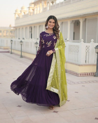 Purple Georgette Embroidered Anarkali Gown With Dupatta Set 0f 2