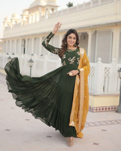Bottle Green Georgette Embroidered Anarkali Gown With Dupatta Set 0f 2