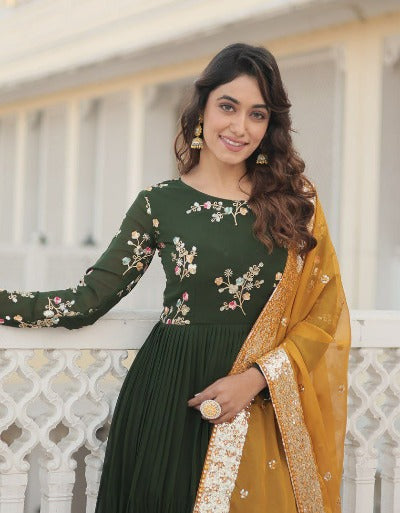 Bottle Green Georgette Embroidered Anarkali Gown With Dupatta Set 0f 2