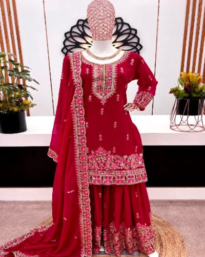 Red Georgette Heavy Embroidered Sequenced Gharara Suit Set