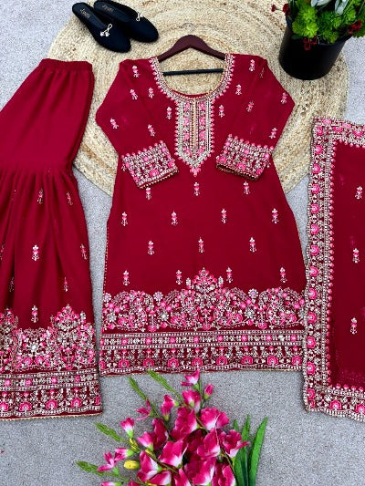 Red Georgette Heavy Embroidered Sequenced Gharara Suit Set