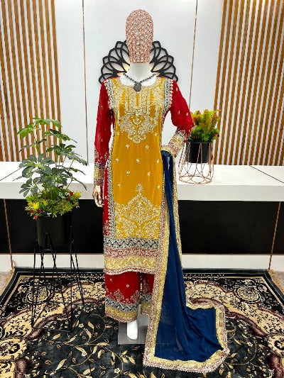 Red & Yellow Heavy Georgette Sequence Work Straight Suit Set