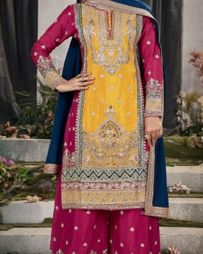 Red & Yellow Heavy Georgette Sequence Work Straight Suit Set