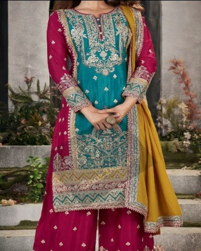 Blue & Red Heavy Georgette Sequence Work Straight Suit Set