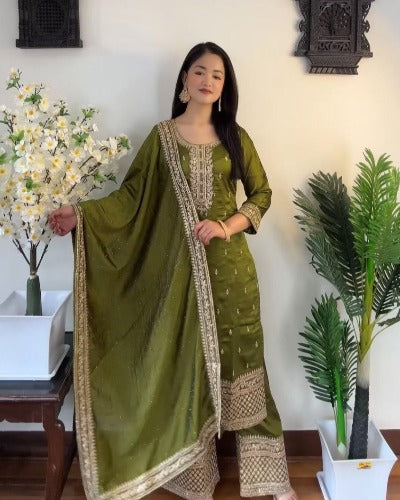 Mehendi Green Georgette Heavy Embroidered Straight Suit Set