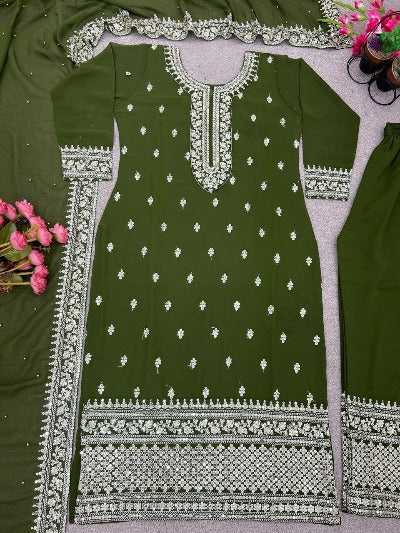 Mehendi Green Georgette Heavy Embroidered Straight Suit Set