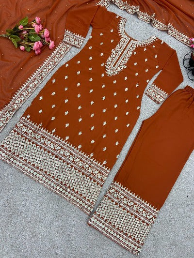 Rustic Brown Georgette Heavy Embroidered Straight Suit Set