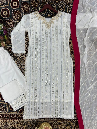 Classic White Georgette Embroidered Salwar Suit Set
