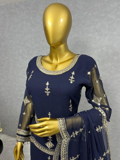 Navy Blue Georgette Sequins Work Salwar Suit Set