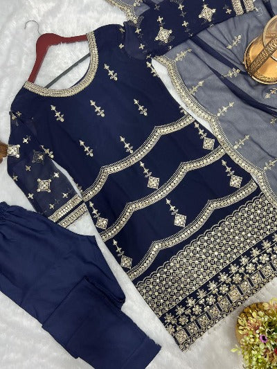 Navy Blue Georgette Sequins Work Salwar Suit Set