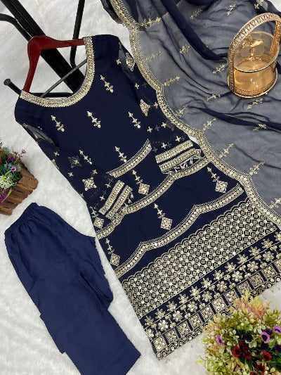 Navy Blue Georgette Sequins Work Salwar Suit Set