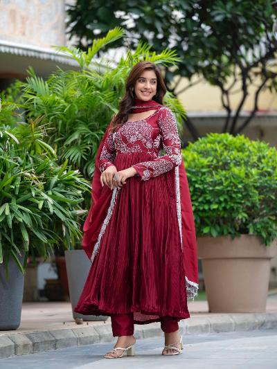 Maroon Chinon Silk Crush Moti Work Anarkali Suit Set