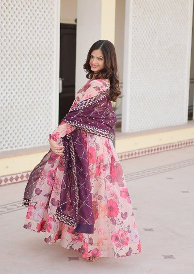 Pink Floral Russian Silk Anarkali Dupatta Set Of 2