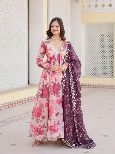 Pink Floral Russian Silk Anarkali Dupatta Set Of 2