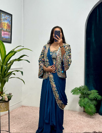 Teal Blue Designer Ready to Wear Fully Stitched Saree Blouse & Koti