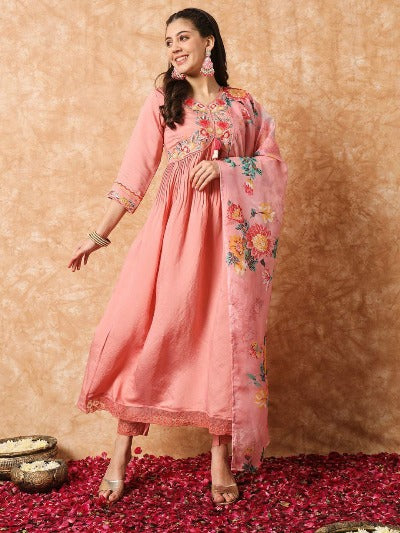 Pink Rayon Embroidery Salwar Suit With Organza Dupatta