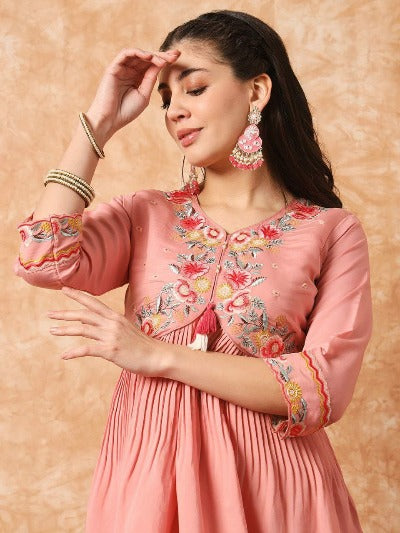 Pink Rayon Embroidery Salwar Suit With Organza Dupatta