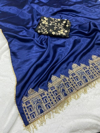Dark Blue Satin Silk Embroidered Saree With Lace Work