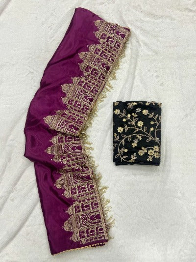  Dark Pink Satin Silk Embroidered Saree With Lace Work