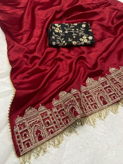 Red Satin Silk Embroidered Saree With Lace Work