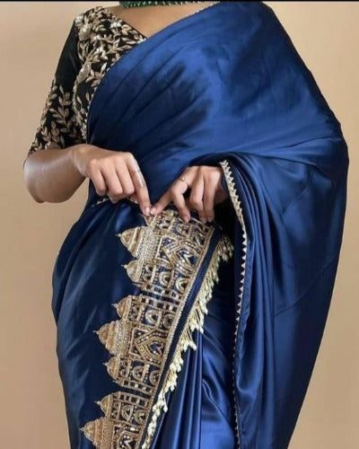 Dark Blue Satin Silk Embroidered Saree With Lace Work