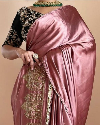 Mauve Pink Satin Silk Embroidered Saree With Lace Work